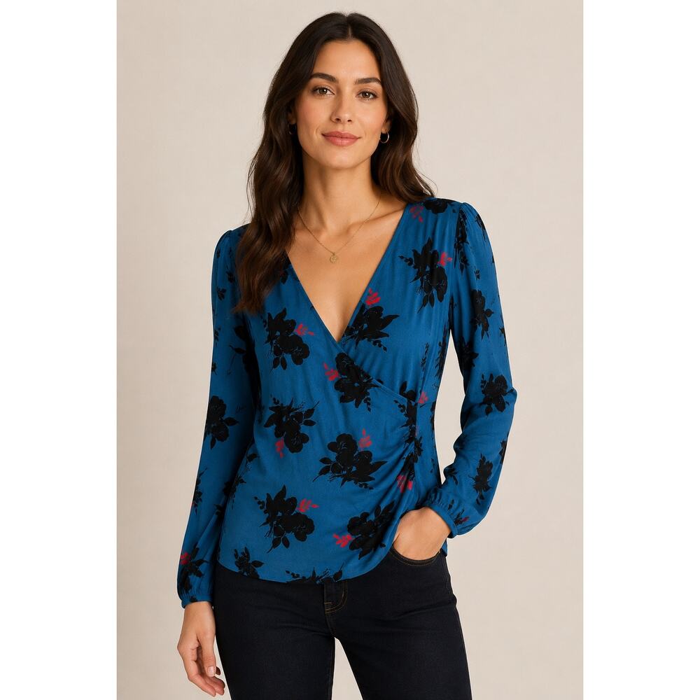 Boden Blue Floral Faux Wrap Top Size 6 UK10 Long Sleeve Stretch Blouse